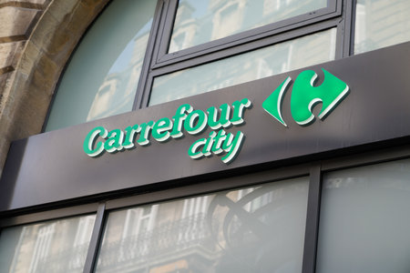 Bordeaux, Aquitaine France - 02 16 2021: Carrefour city brand logo and text sign front of town store market entrance shop supermarketのeditorial素材