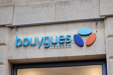 Bordeaux, Aquitaine France - 02 20 2021: Bouygues telecom logo text and sign on shop brand phone french operator storeのeditorial素材