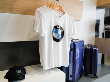 Bordeaux, Aquitaine France - 02 20 2021: Bmw car brand on clothes shirt accessories clothing store fashion sign in dealership shopのeditorial素材