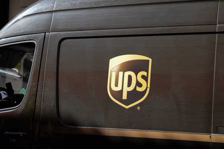 Bordeaux, Aquitaine France - 02 25 2021: UPS Delivery Truck panel van with logo brand in street open delivery doorのeditorial素材