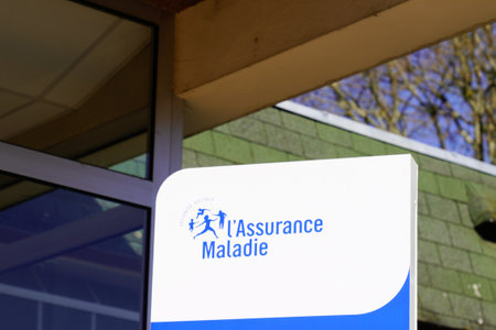 Bordeaux, Aquitaine France - 02 25 2021: Health insurance logo text French social security sign on building wallのeditorial素材