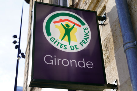 Bordeaux, Aquitaine France - 03 10 2021: gites de france gite gironde text brand and round logo sign of rental room bed and breakfast front of agency office in frenchのeditorial素材