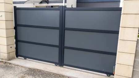Aluminum sliding modern dark gray portal of suburb garden door slide houseの写真素材