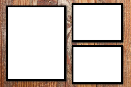 Three empty white blank photo in black frame for mockup in wooden wall background