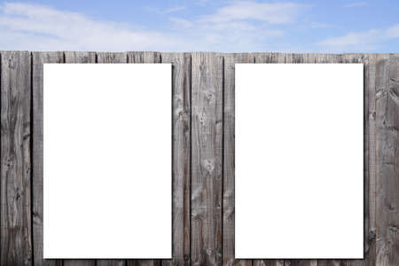 two blank white panel billboard mockup wooden wall background mock up empty space for text or design with cloud blue skyの写真素材