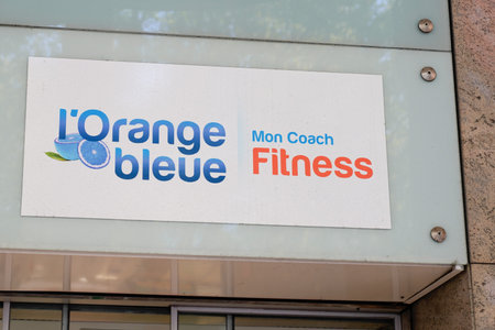 Bordeaux, Aquitaine France - 04 12 2021: Blue orange french text sign and logo front of sporty gymnasium fitness club brandのeditorial素材