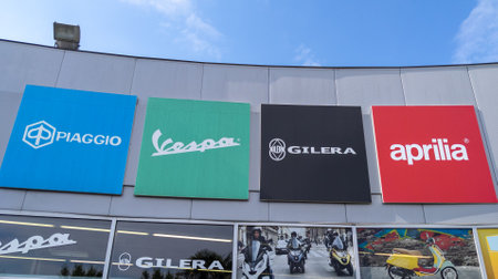 Bordeaux, Aquitaine France - 04 15 2021: piaggio vespa and gilera aprilia dealership sign text and...