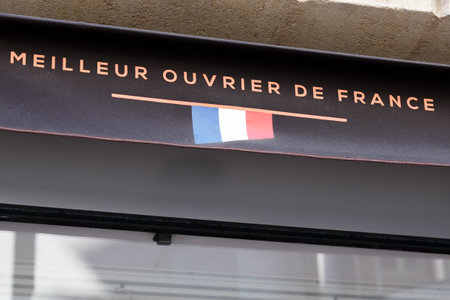 Bordeaux, Aquitaine France - 04 22 2021: Meilleur Ouvrier de France text french logo and brand sign flag of MOF craftsmen competition in Franceのeditorial素材