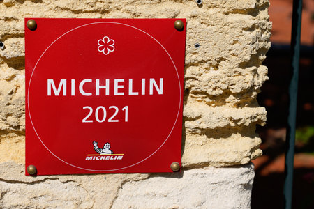 Bordeaux, Aquitaine France - 05 04 2021: Michelin restaurant logo sign and text brand of guides books published for good place with good foodのeditorial素材