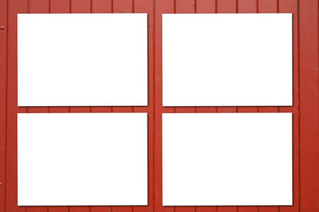 mock-up horizontal blank picture frame for photograph four picture frame mockup template on old plank red wooden backgroundの写真素材