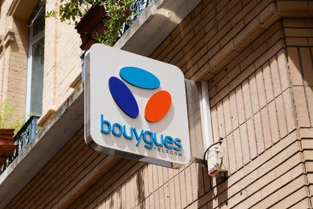 Toulouse, Occitanie France - 06 16 2021: Bouygues telecom logo text phone communication french multinational telecommunications company operator shop sign brand storeのeditorial素材