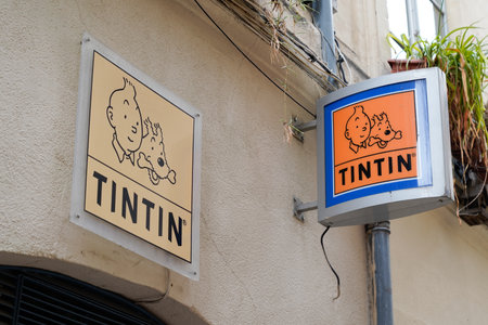 Toulouse, ocitanie France - 06 25 2021: Tintin text brand and logo sign store of comic hero shop sell book comics toys and souvenirs storeのeditorial素材