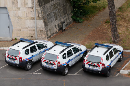 Montpellier, ocitanie France - 06 30 2021: Police duster dacia white french police car logo sign on door in streetのeditorial素材