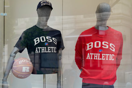Montpellier, ocitanie France - 06 30 2021: Hugo Boss logo text on windows shop sign and brand store...