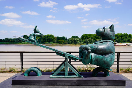 Bordeaux, Aquitaine France - 07 04 2021: Exhibition Le chat deambule The cat walks play in playground with mousse in Bordeaux town by Philippe Geluck artist cartoonistのeditorial素材