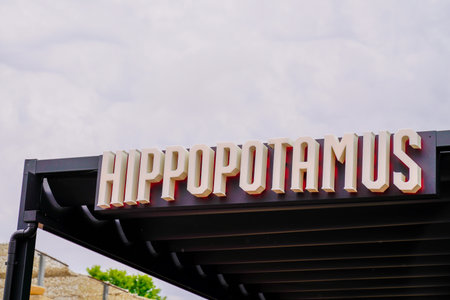 Bordeaux, Aquitaine France - 07 04 2021: Hippopotamus restaurant logo brand and text sign of french grill steak house chain eatryのeditorial素材