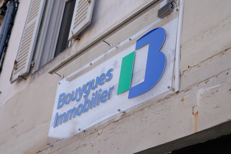 Bordeaux, Aquitaine France - 07 25 2021: Bouygues Immobilier logo text and brand sign of leading private property developerのeditorial素材