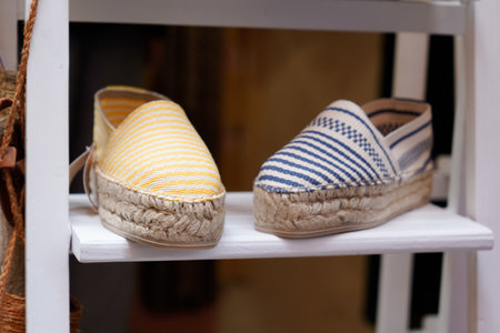 Basque sandal espadrille cotton in market shop in the street basque countryのeditorial素材