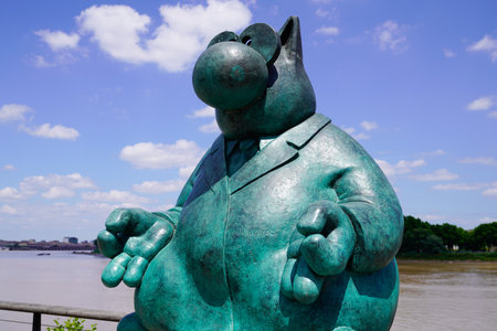 Bordeaux, Aquitaine France - 07 04 2021: Exhibition Le chat deambule The cat walks in yoga sculpture in Bordeaux by Philippe Geluck belgium cartoonist statueのeditorial素材