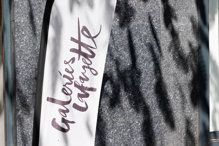 Bordeaux, Aquitaine France - 08 30 2021: Galeries Lafayette sign brand flag street and text logo on large city french storeのeditorial素材