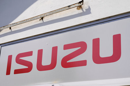 Bordeaux, Aquitaine France - 09 05 2021: Isuzu car truck sign logo and brand text in dealership garage stationのeditorial素材