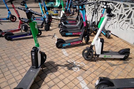 Bordeaux, Aquitaine France - 09 10 2021: Bird lime dott bolt jawls wind blabla ride segway e-scooter for urban mobility scooter parked in place reserved locationのeditorial素材