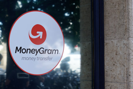 Bordeaux, Aquitaine France - 09 10 2021: MoneyGram sign text and brand logo front of agency shop ice currency exchange international Money Transfer store service officeのeditorial素材