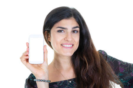 portrait cute woman showing smartphone blank empty screen isolated on white background