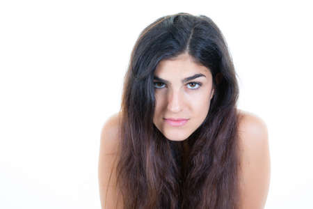 portrait young woman with dark long hair brown on white backgroundの写真素材
