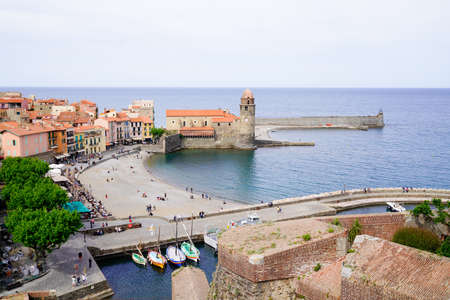 view harbor sea coast from castle of Collioure France Europeの写真素材