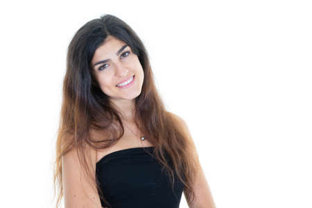 young woman beauty happy with large smile on white background aside copy spaceの写真素材