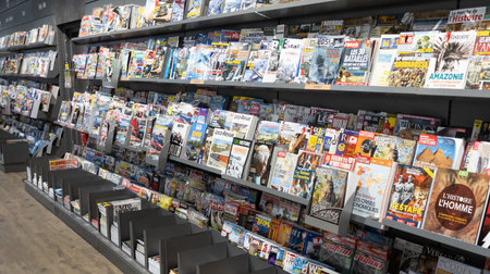 Bordeaux , Aquitaine  France - 09 20 2021 : press shop shelves different magazine title and many newspaper french store shelf retailerのeditorial素材