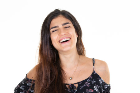 Young brunette woman with amazing smile happyの写真素材