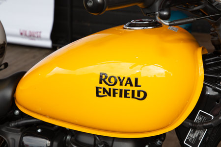 Bordeaux, Aquitaine France - 11 02 2021: Royal Enfield meteor brand logo and sign text on 350 motorcycle fuel tank of vintage motorbikeのeditorial素材