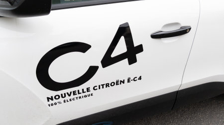 Bordeaux, Aquitaine France - 11 02 2021: citroen c4 e-c4 car for customer try with french dealership...