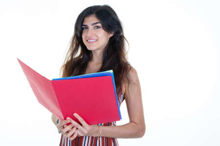 pretty executive business woman manager holding paper on white backgroundの写真素材