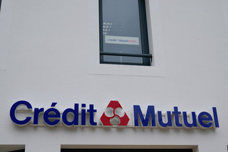 Bordeaux, Aquitaine France - 11 11 2021: credit mutuel logo text and brand sign of french bank office on building facade agencyのeditorial素材