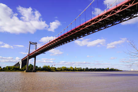 Pont d'Aquitaine suspension bridge in bordeaux city river Garonne in southwest Franceの写真素材