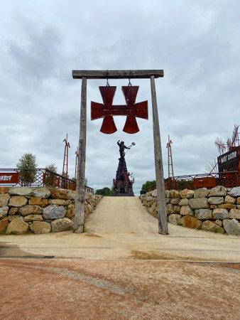 Clisson, Loire Atlantique, France - 11 11 2021: Hellfest music festival sign brand and logo in entrance Clisson Franceのeditorial素材
