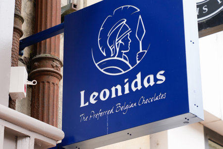 Bordeaux, Aquitaine, France - 12 01 2021: Leonidas logo brand and sign text facade shop of Belgian Chocolates famous storeのeditorial素材