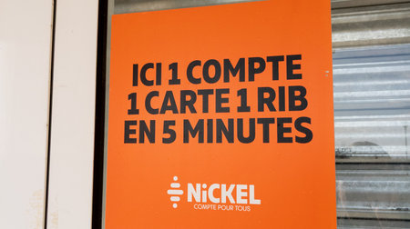 Bordeaux, Aquitaine France - 12 12 2021: Nickel logo sign and brand text facade windows French alternative banking service current account using a registration kiosk officeのeditorial素材