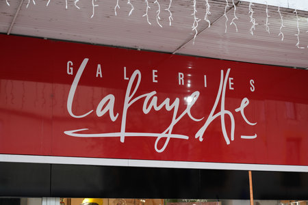 Bordeaux, Aquitaine France - 08 20 2021: Galeries Lafayette logo brand and text sign store front facade entrance door upmarket French department shop city chainのeditorial素材