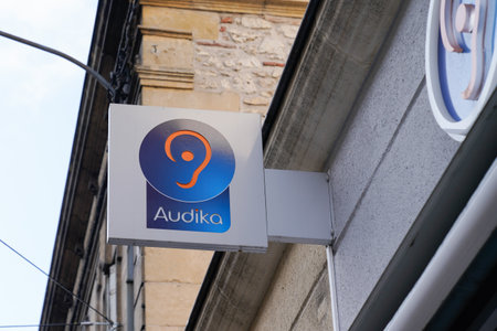 Bordeaux, Aquitaine France - 12 12 2021: Audika logo text sign store medic hearing aid distribution facade shop brand companyのeditorial素材
