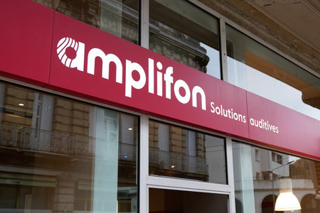 Bordeaux, Aquitaine France - 12 12 2021: Amplifon facade brand logo and text sign on medic hearing aid store agencyのeditorial素材