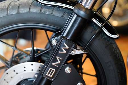 Bordeaux, Aquitaine France - 12 20 2021: front wheel of a new bmw motorcycle Motorrad dealership...