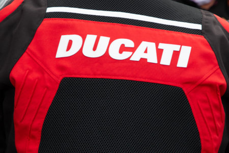 Bordeaux, Aquitaine France - 12 20 2021: Ducati logo sign and brand text of italian motorcycle manufactured on rear jacket motorbike clothesのeditorial素材