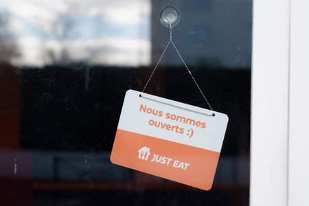 Bordeaux , Aquitaine France - 01 14 2022 : just eat sign brand and french text logo we are open on windows restaurantのeditorial素材