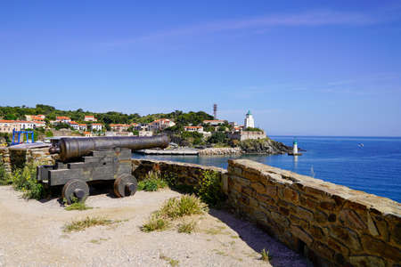 Port-Vendres cannon on the ramparts of the coastal city mediterranean vermilion coast in south sea...