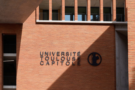 Toulouse , occitanie France - 01 28 2022 : Toulouse Universite Capitole facade sign text and logo brand panel in entrance in franceのeditorial素材