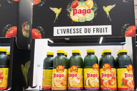 Bordeaux , Aquitaine France - 01 28 2022 : pago fruit juice soda lemonade logo sign and brand text on bottles shelf of supermarketのeditorial素材